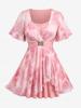 Rosegal Plus Size Rose Flower Print Ruched Ruffles Tulip Hem Buckle Surplice 2 In 1 Top