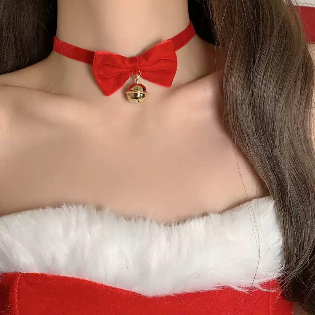 Adorable Christmas Plush Necklace with Red Velvet Bow and Jingle Bell Choker
