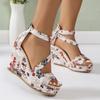 Fashion Boho Shiny Embroidered Flower Fish Mouth Sandals for Women Roman Wedge Shoes Platform Back Zipper Comfortable High Heel Sandalis