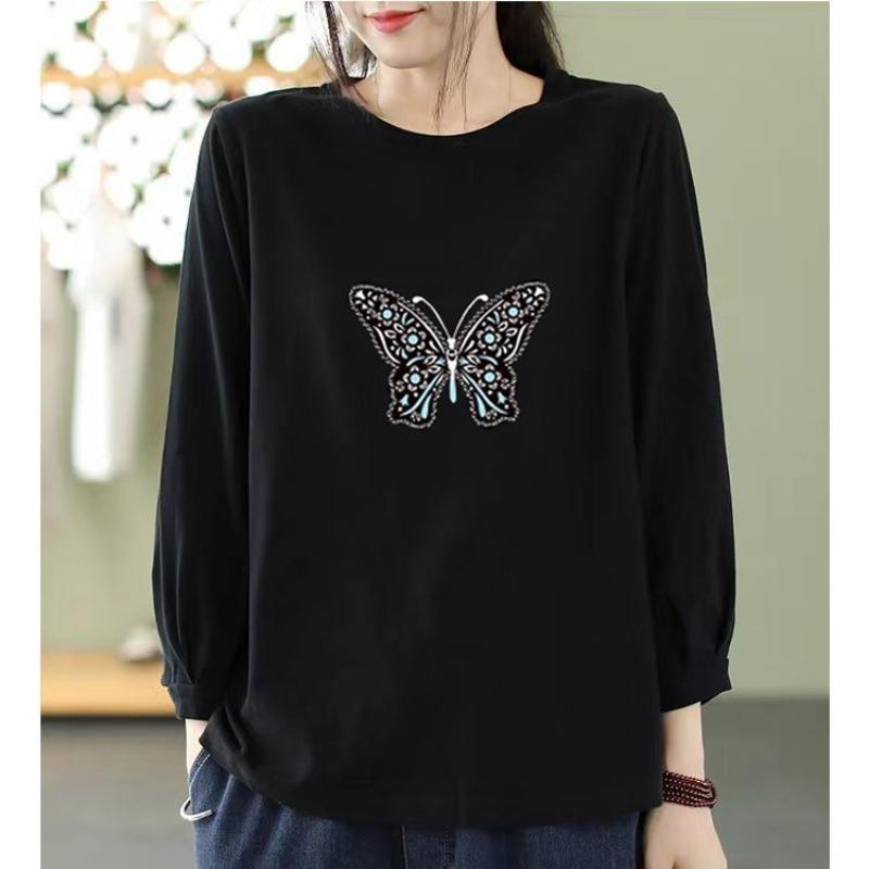 Nine-quarter Sleeve Printed T-shirt for Women Spring Autumn New Korean Style Solid Loose Slimming Mid-sleeve Round Neck Top