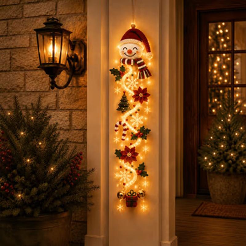 Christmas Glowing Door Hanging Decor LED Lighted Ornament With Bell Snowflake Bow Greenery Vertical Decor For Porch Entryway