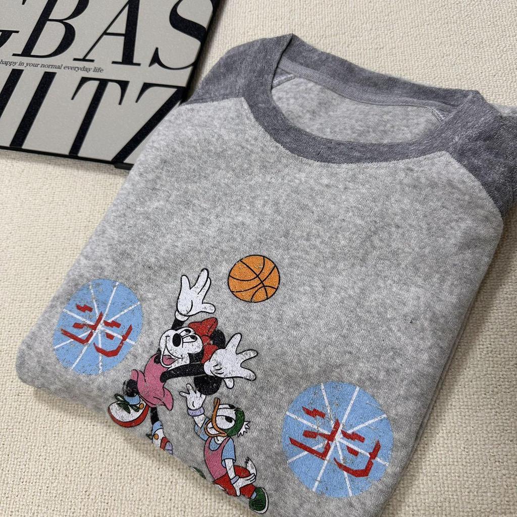 In Stock: Women's Korean Terry Loop Minnie Print Raglan Long Sleeve Casual T-shirt for Autumn 2025