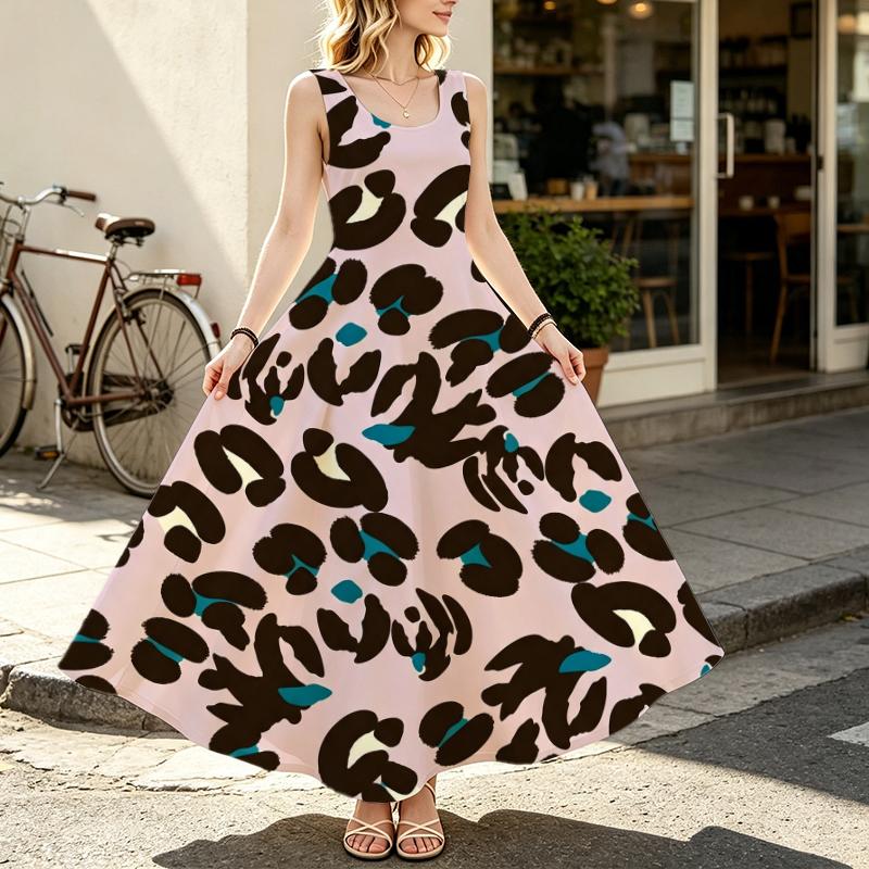 Women's Sleeveless Leopard Print Flowy Maxi Dress Lightweight Elegant Dress for Daily Casual & Party