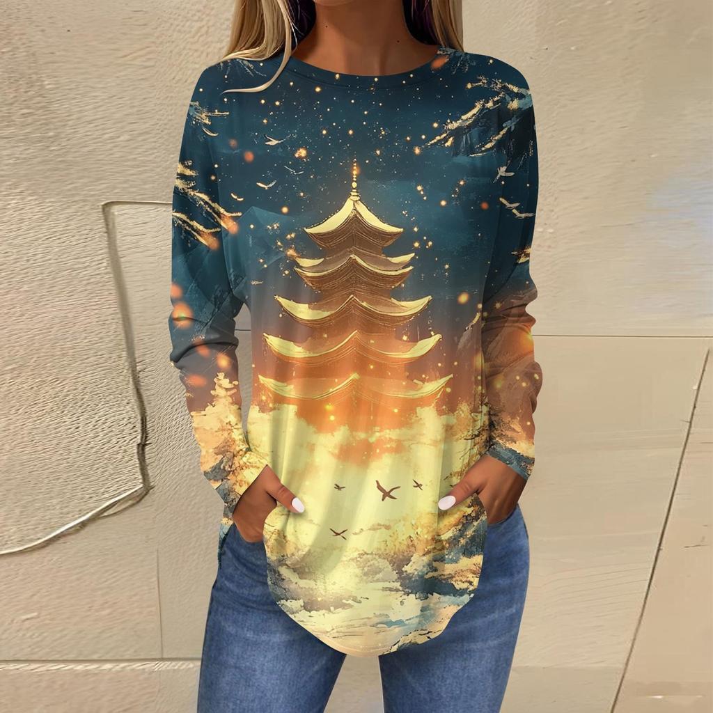 Женская свободная футболка с круглым вырезом и длинными рукавами с принтом в стиле ретро, пуловер на Рождество