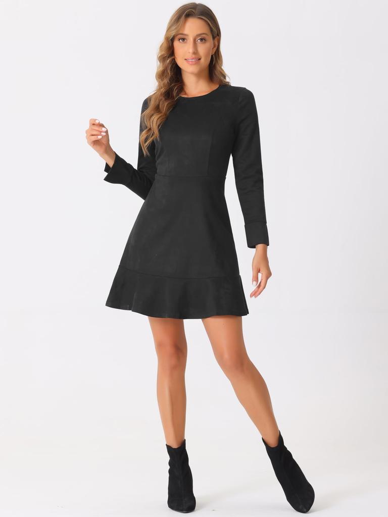 Allegra K Women's Christmas Mini Dress with Ruffle Hem, Long Sleeves, Casual Faux Suede, Crew Neck, Black, Size M