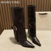 Острый носок женские высокие сапоги на высоком каблуке кожаные женские туфли 2025 тренд зимние гладиаторы сексуальные до колена челси Botas De Mujer
