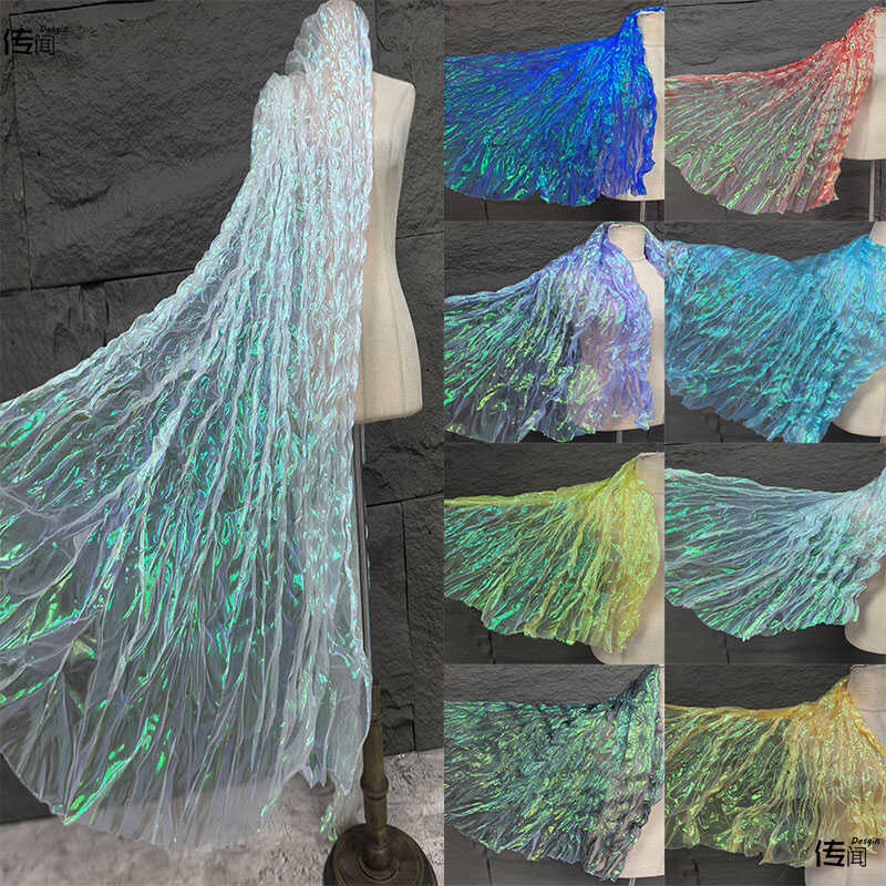 Laser Cut Organza Fabric Gradient Color Mermaid Texture for Wedding Dress Costume DIY Sewing Craft Material Wrinkle Wave Design