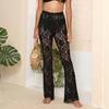 Женские брюки больших размеров, сексуальные прозрачные кружевные брюки с цветочным принтом, расклешенные брюки, пляжные брюки