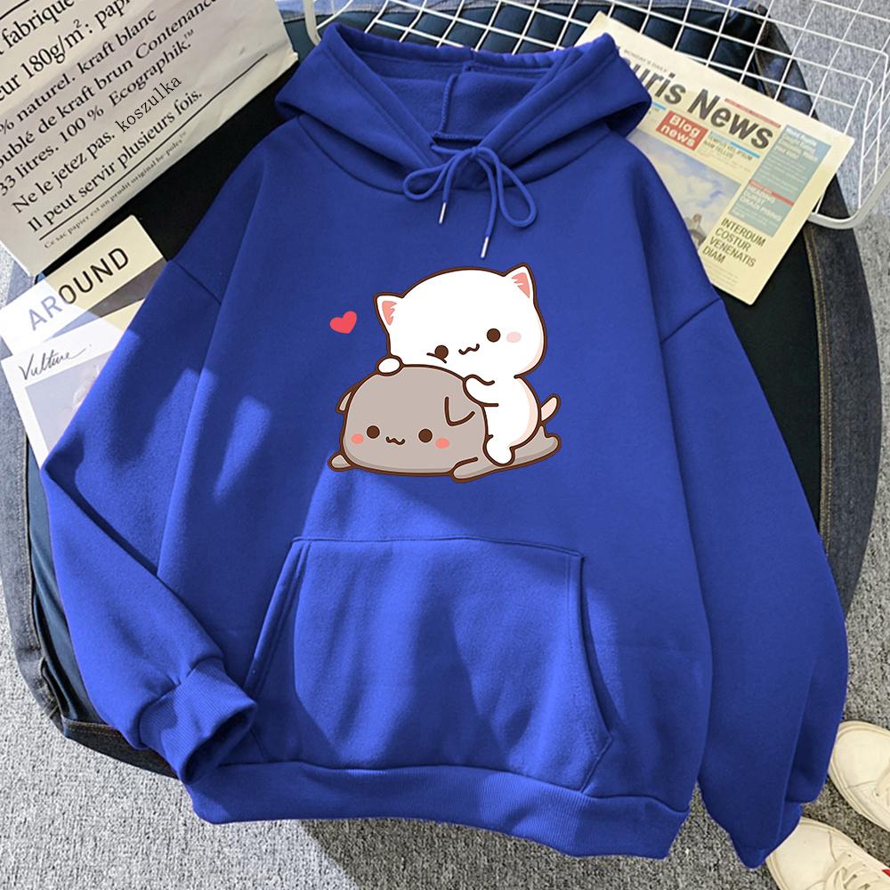 Harajuku Rubber And Peach Cat Женская толстовка с капюшоном больших размеров с длинным рукавом Свободная повседневная уличная одежда для девушек Корейская одежда для пар