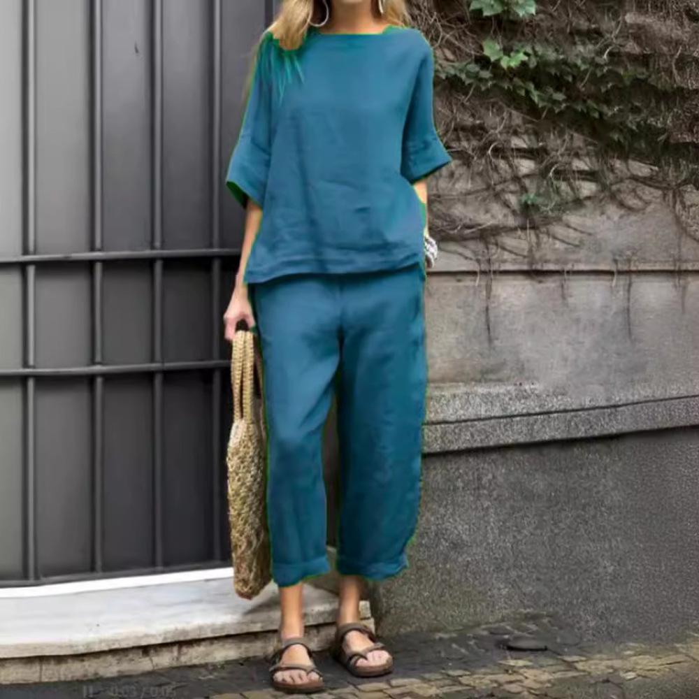 Женский комплект из хлопка и льна, весенне-летний однотонный повседневный топ с круглым вырезом и брюками со средними рукавами, комплект из 2 предметов