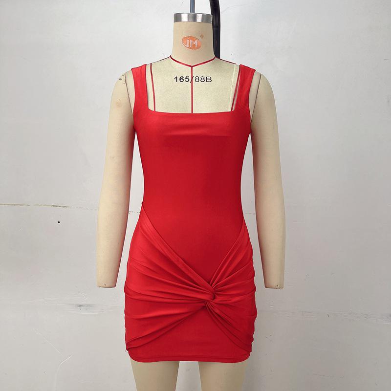 Leather Tyrant Cross-Border European & American Women's Square Neck Sleeveless Slim Bodycon Mini Dress