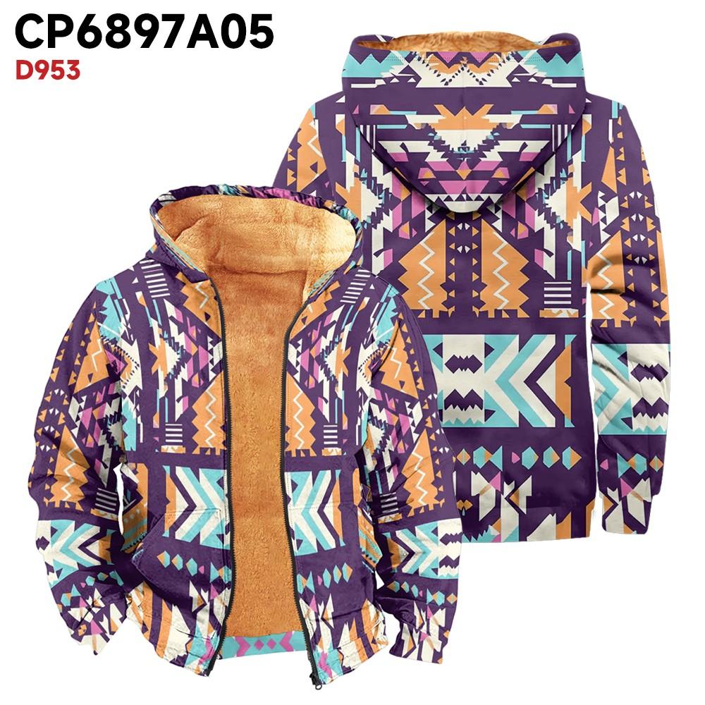 Men's Print Long Sleeve Pocket Coat Fashion Plus Velvet Overcoat