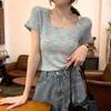 Summer New Korean Style Simple Fashion Rainbow Color Soft Waxy Square Collar Short-sleeved Sweater Women's T-shirt Top