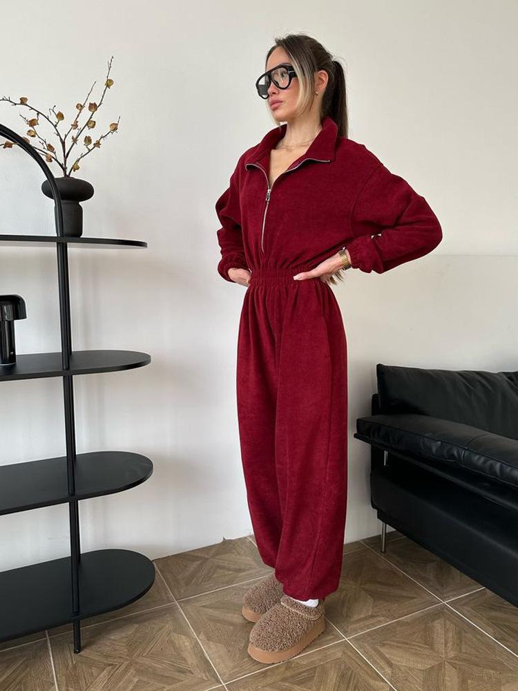 Women's Spring Autumn Long Sleeve Jumpsuit Casual Half Zip Elastic Waist Romper Set