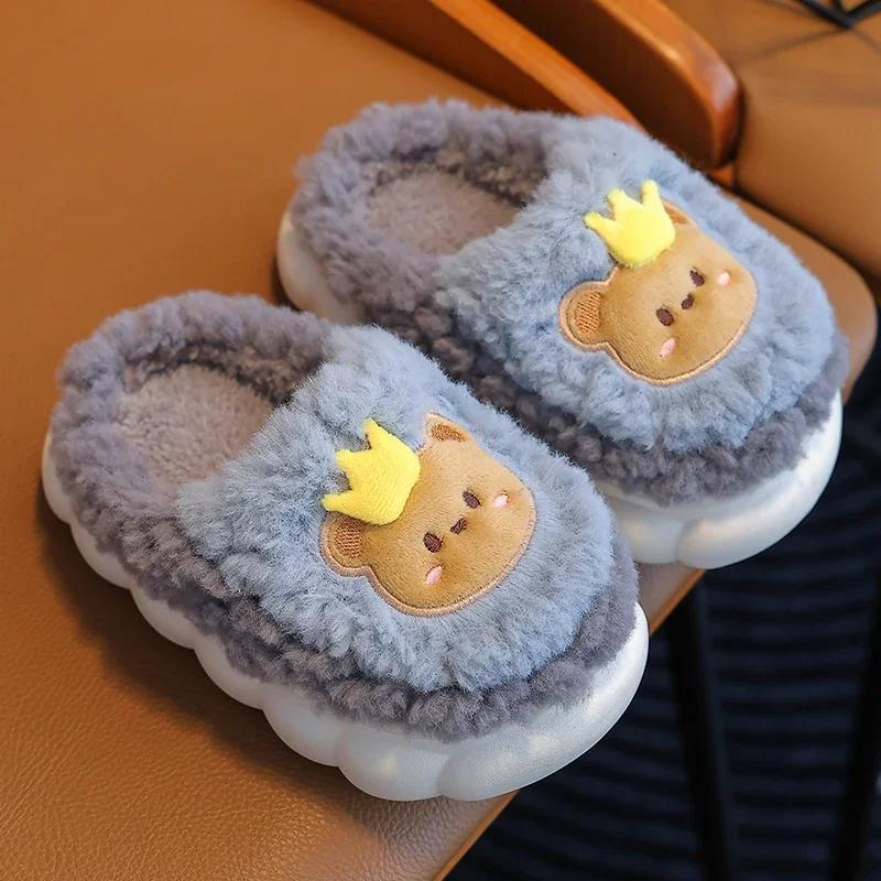 New Winter Cute Rabbit Bear Cotton Flip Flops Children's Plush Slippers For Girls Boys Home Indoor Fluffy Mule Kids Shoes