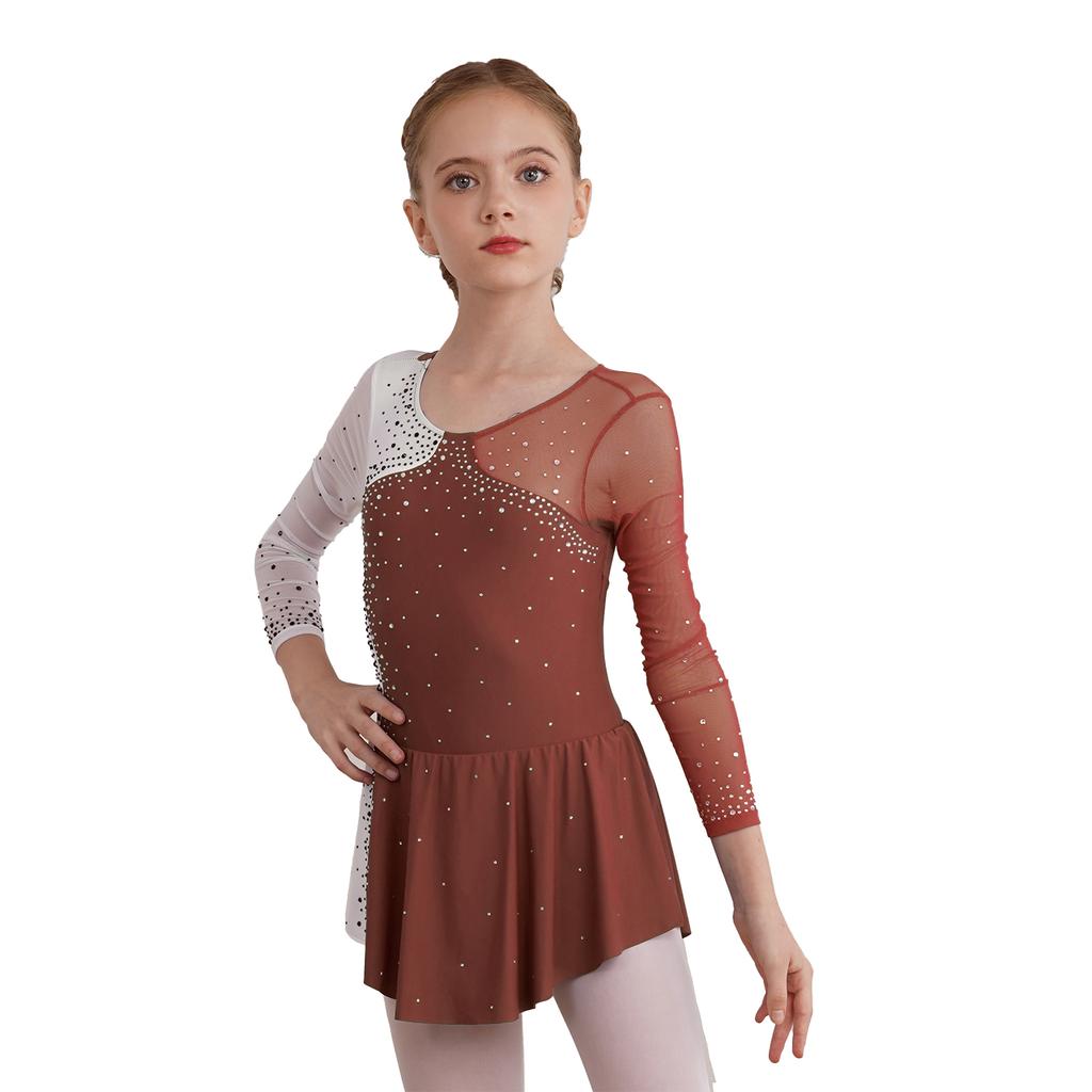 Kids Girls Stylish Dance Wear Long Sleeve Rhinestone Decor Contrast Color Skating Dresses