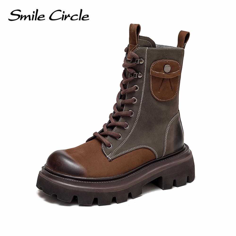 Женские ботинки из натуральной кожи на массивном каблуке, цветные сапоги с высоким берцем и толстой подошвой, модные повседневные женские мотоциклетные ботинки