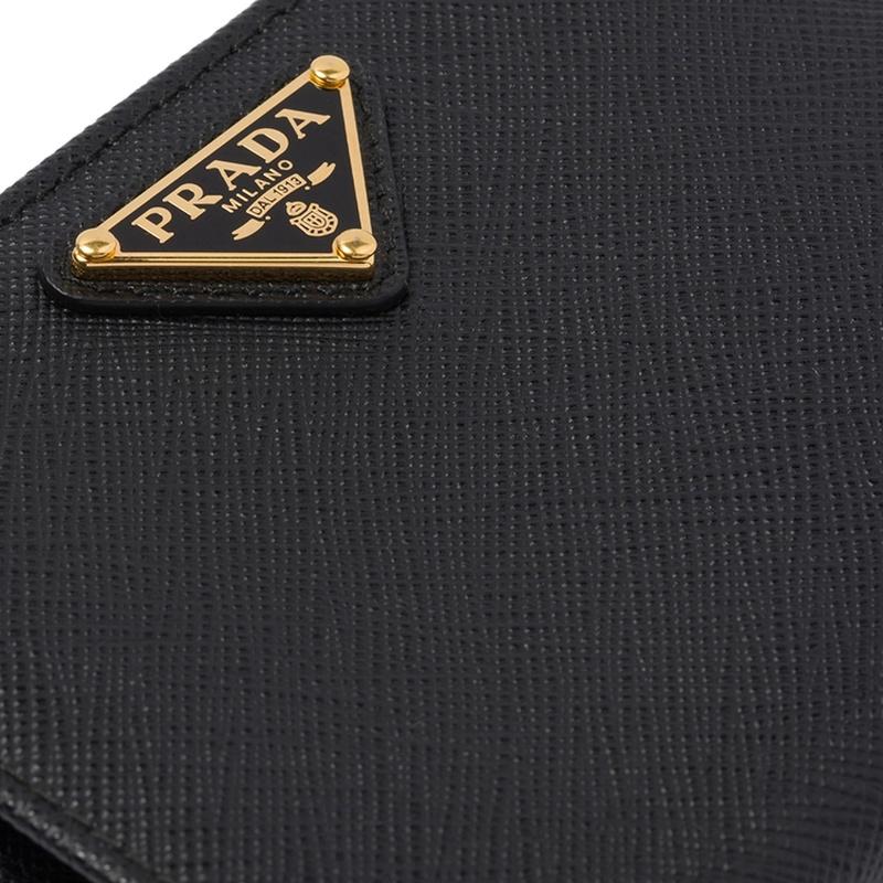 Prada Metal triangle logo snap closure Saffiano leather wallet small women's black