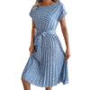 O-Neck Short Sleeve High-Waist Lace-Up Midi Dress Simple Floral Print Pleated Hem