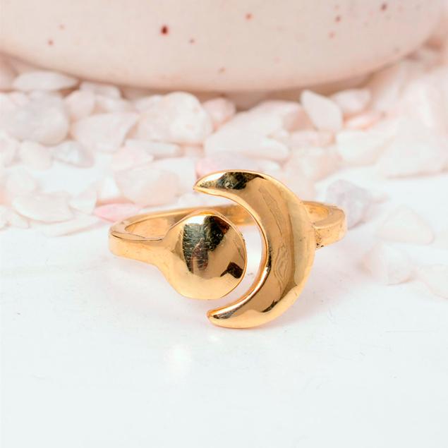 Adjustable Sun and Moon Gold Plated Ring | Celestial Brass Boho Wrap Jewelry | Unique Zodiac Gift
