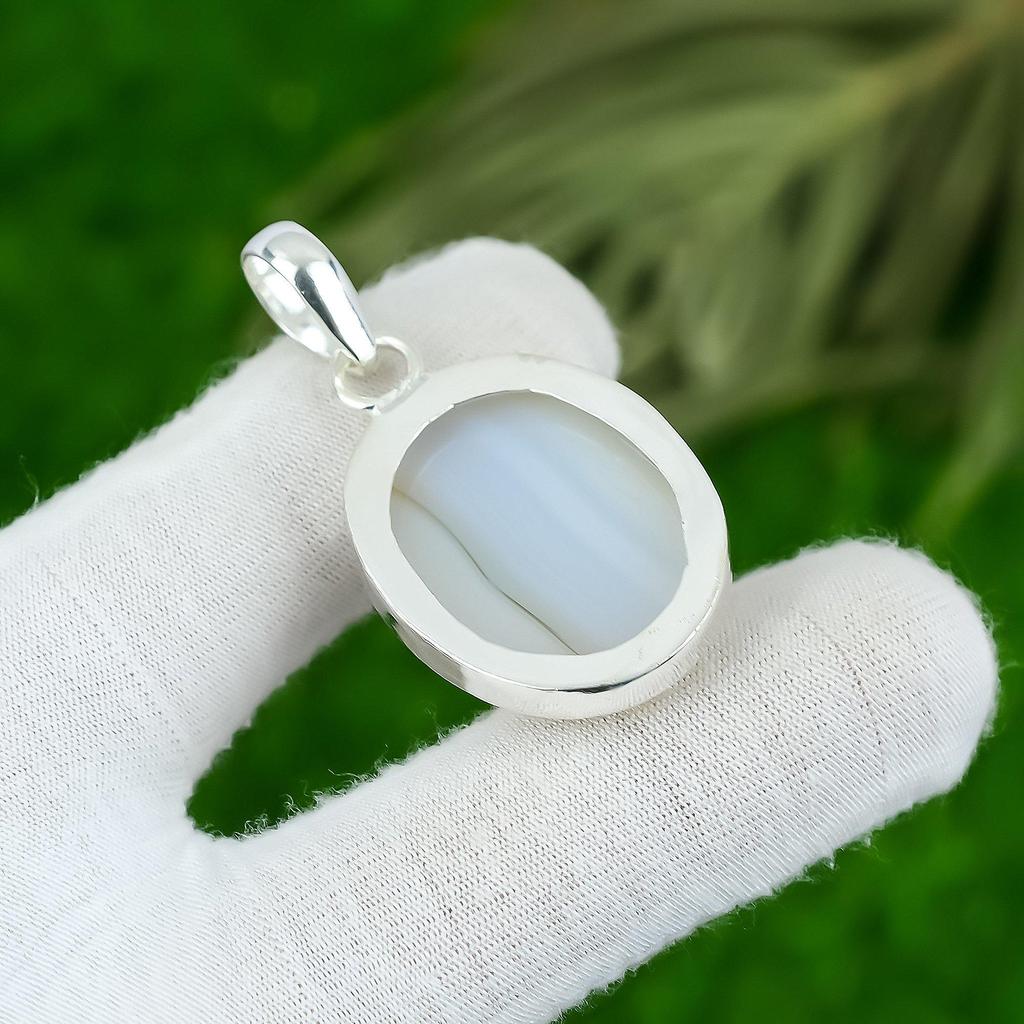 Oval Botswana Agate Stone Daughter Unique Bezel Pendant Jewelry Sterling Silver