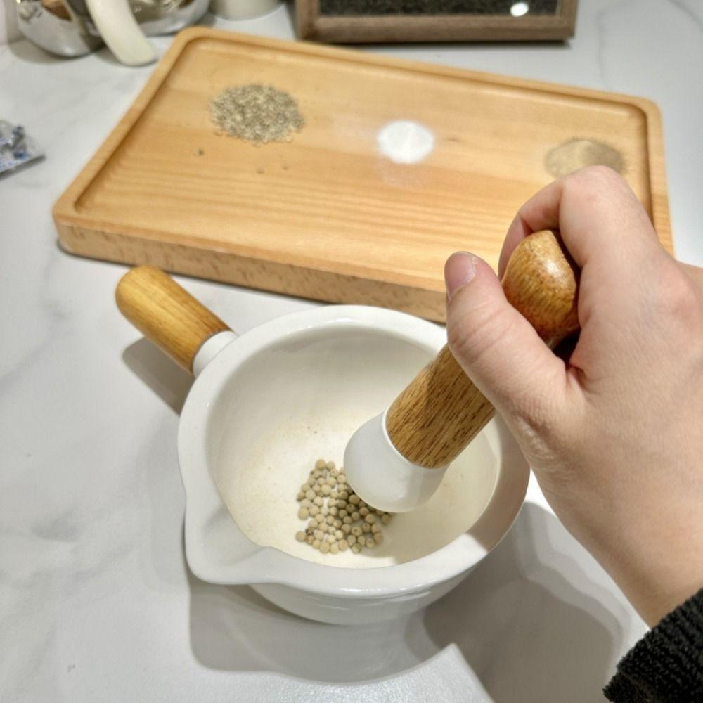1pc Ceramic Mortar and Pestle with Wooden Handle Sturdy, Efficient Grinder for Seasoning, Spices, and Herbs Comfortable Grip, Wear Resistant Design
