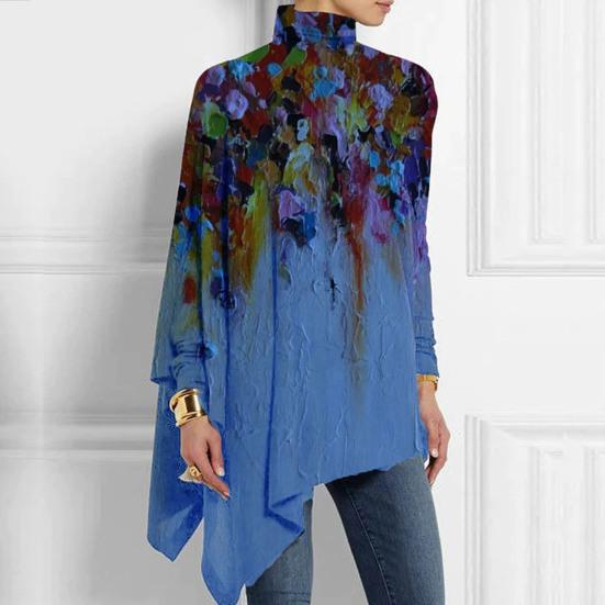 Осень-весна женский топ с красочным художественным принтом, высокий воротник, свободный неровный подол, длинный рукав, пуловер средней длины, мягкая цветная повседневная женская блузка