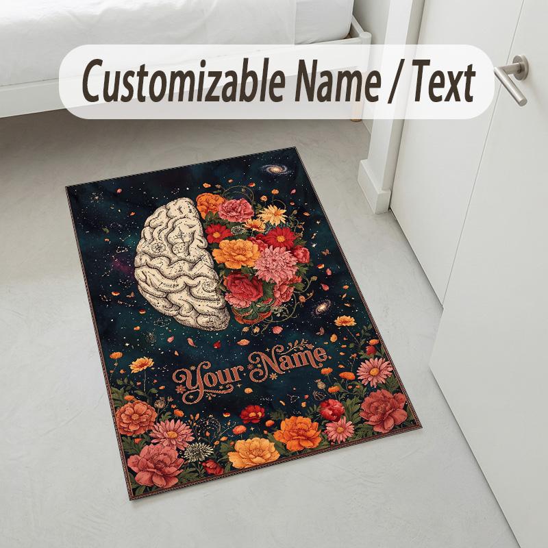 Floral Brain Cosmic Theme Soft Crystal Velvet Rug Custom Name & Text Print Non Slip Floor Rug for Bedroom Living Room