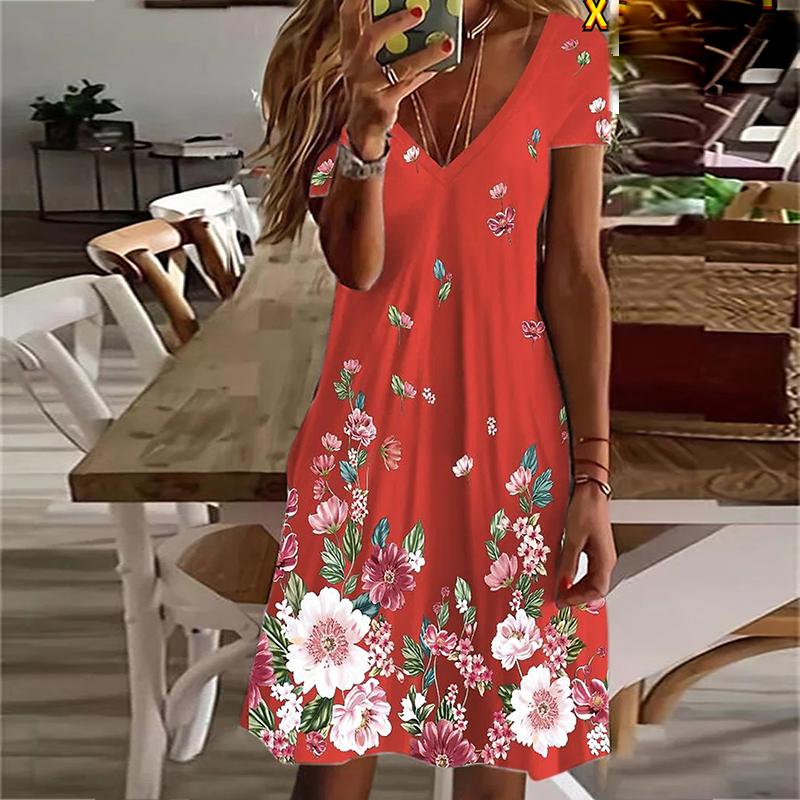 Летнее модное платье с v-образным вырезом, женское платье с коротким рукавом и красным цветочным принтом, свободное повседневное платье для женщин