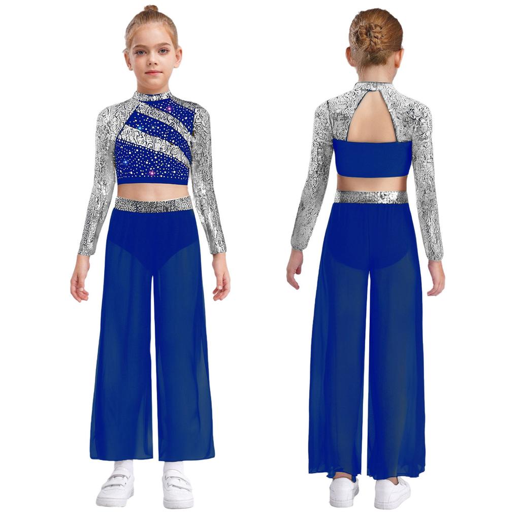 Girls Dance Two Piece Set Mock Neck Long Sleeved Sequins Cutout Back Crop Top with Chiffon Pants
