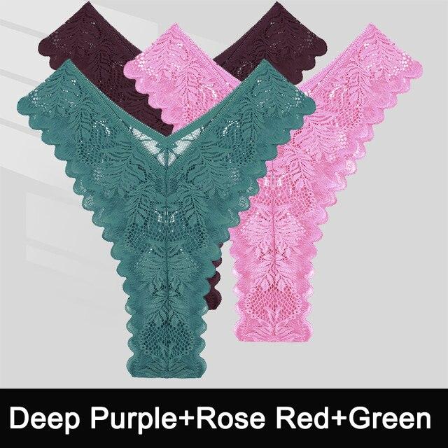 FINTOO 3PCS/Set Sexy V Waist Floral Lace Women Panties Perspective Underwear Thongs Brazilian Briefs Lingerie Comfort Female Underpants