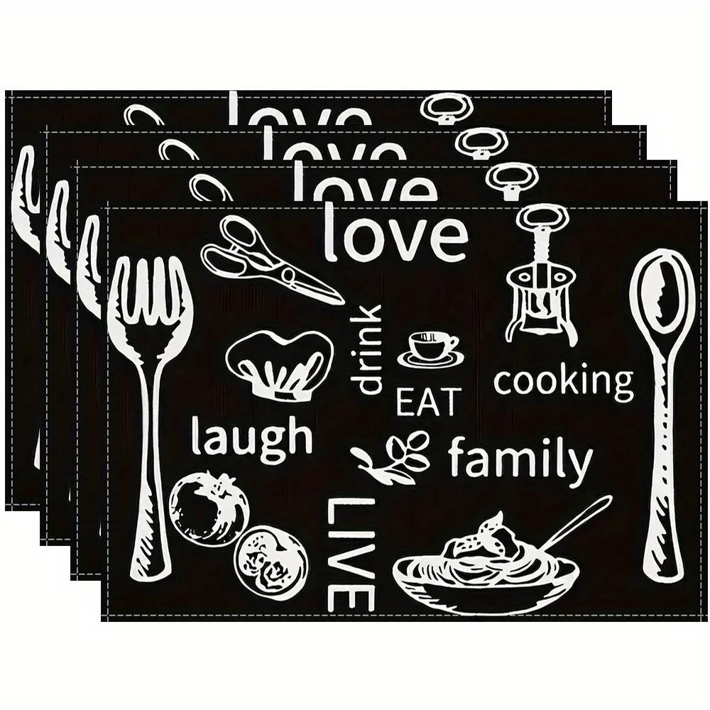 1PC Linen Table Pad with Black and White Knife and Fork Pattern Non-Slip Easy To Clean Decorative Placemat