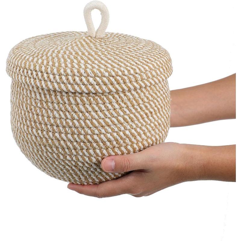 6.6 Quarts Woven Cotton Rope Basket with Lid, 1.6 Gal Small Round Decorative Storage Organizier Bin Box for Nursery, Living Room, Blanket, Home Decor