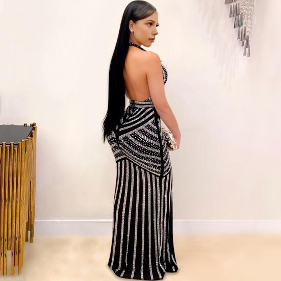 Женское вечернее платье с глубоким V-образным вырезом и бретелью через шею, в полоску, с мерцающим декором из страз