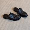 Soft Leather Version! Black Bag Head Half Slippers Women's Retro Soft Leather Lazy One-pedal Muller Shoes Low-heeled Roman Shoes