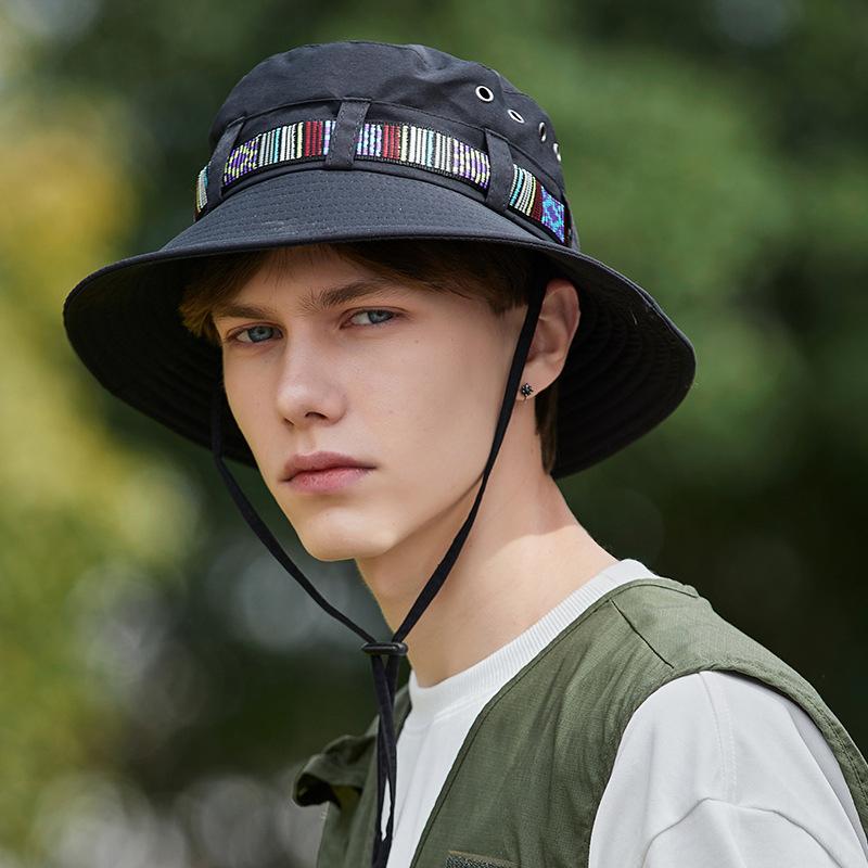Fashion Hiking Hat for Men Summer Wide Brim Sunshade Solid Color Cowboy Fisherman Lacing Cap Unisex Outdoor Bucket Hat