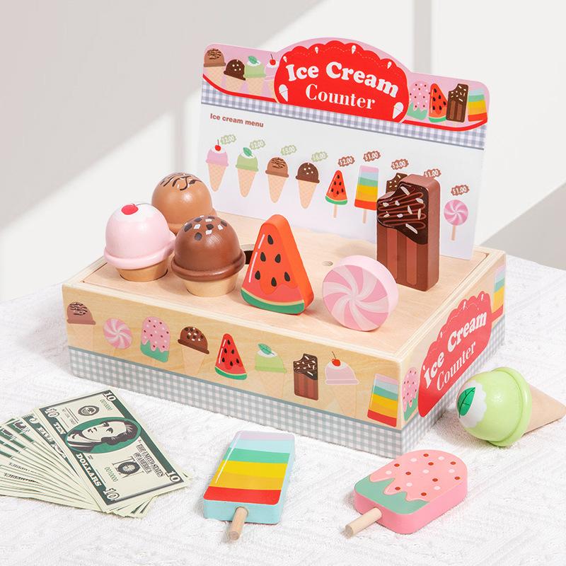 Children'S Simulation Play House Ice Cream Ice Cream Sale Store Commissary Checkout Page Role Play Wooden Toy