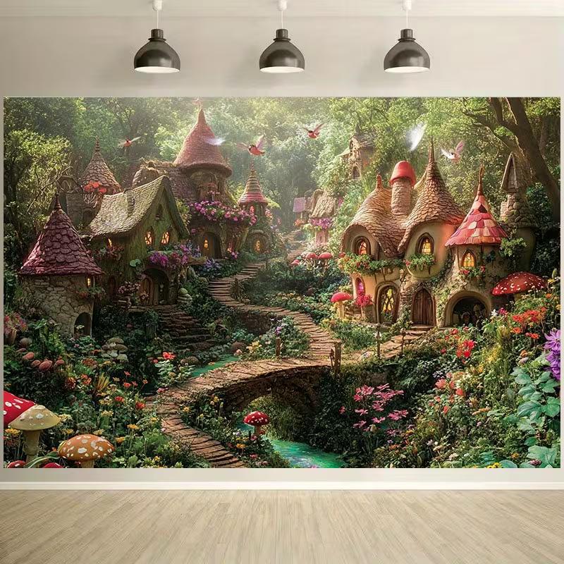 2D Magical Fairy Village Backdrop with Mushroom Houses for Kids Photography Background