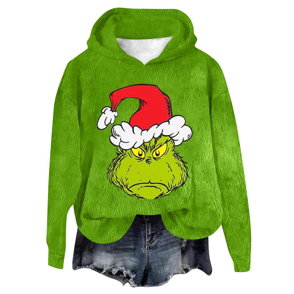 Women's Hooded Long Sleeve Christmas Printed Flannel Top Hooded Sweatshirt