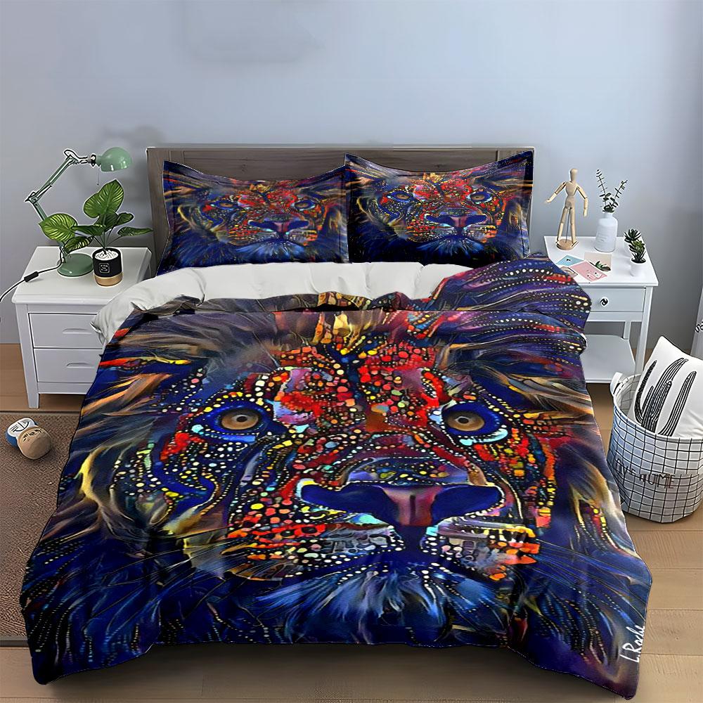 Colorful lion face pattern. Bedding sets Duvet cover sets Duvet covers Pillowcases(1*Duvet Cover 2*Pillowcases without duvet insert)