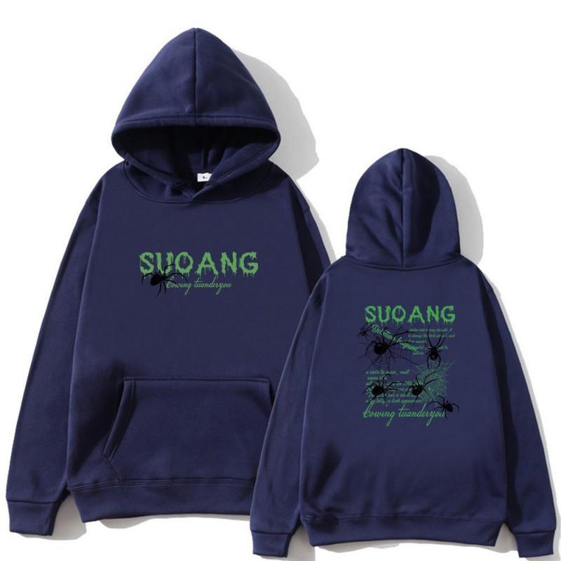 Mens Hooded Sweatshirt Spider Print Retro Streetwear Loose Fit Fall Winter