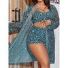 Plus Size Geometric Print Drawstring Top & High Waist Shorts Bikini With Mesh Cover Up 3 Piece Set Swimsuits, Women's Swimwear & Clothing