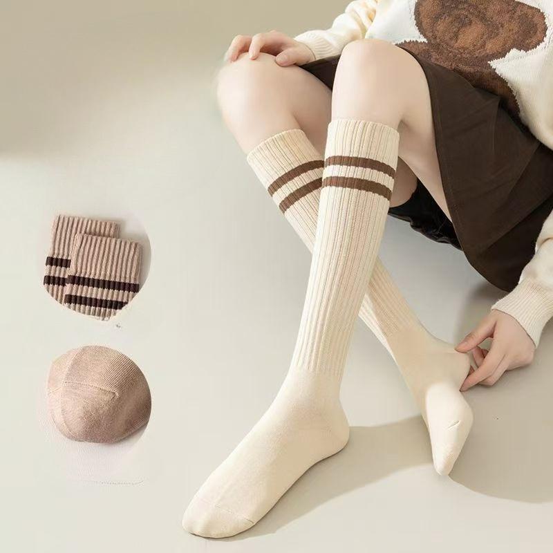 Гольфы женские до середины икры, длинные носки, трендовый школьный стиль, однотонные, с двумя полосками, простые и универсальные, высокие носки, хлопковые махровые носки