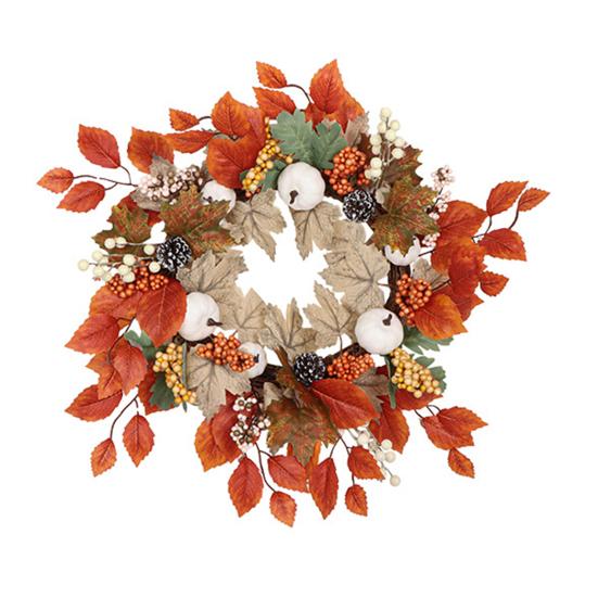 Autumn Wreath Faux White Pumpkin Maple Leaf Pine Cone Berry Wreath Handmade Farmhouse Wreath Fall Decoration for Home Thanksgiving Harvest Outdoor