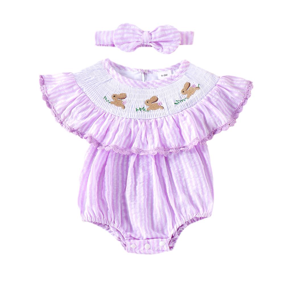 Baby Girls Rompers Easter Clothes Rabbit Carrot Embroidery Stripe Ruffles Sleeveless Infant Bodysuits Jumpsuits with Headband