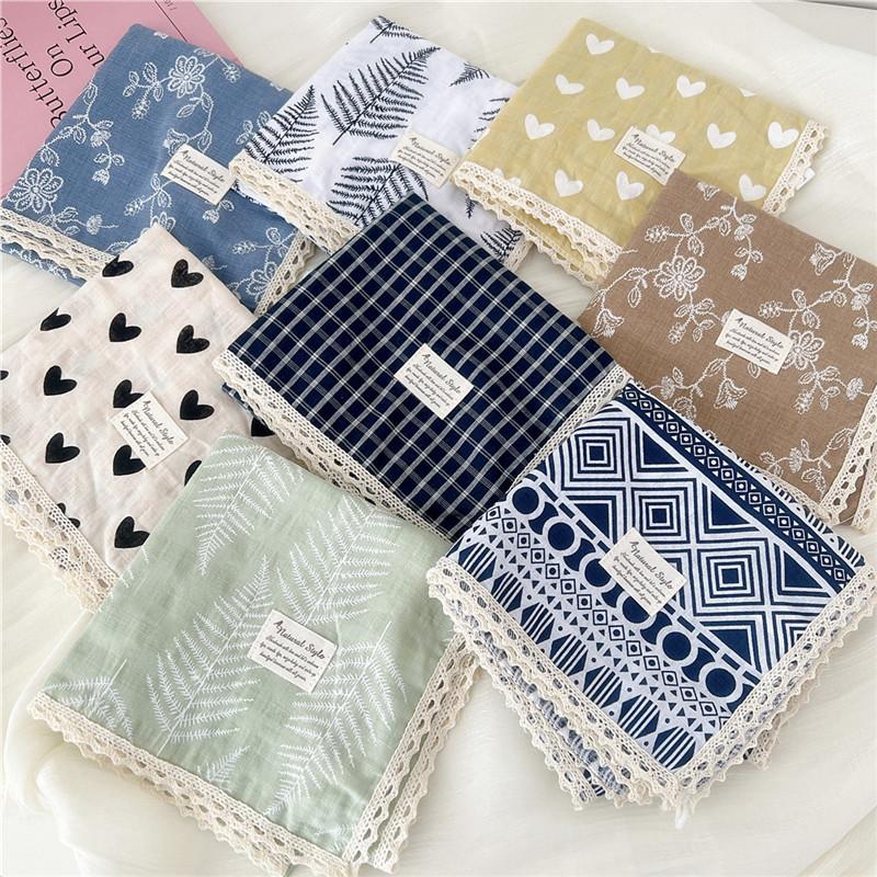 Хлопок лен кружевной край квадратные шарфы 60 см платок шейный платок банданы женский повседневный шейный платок клетчатый принт геометрический узор