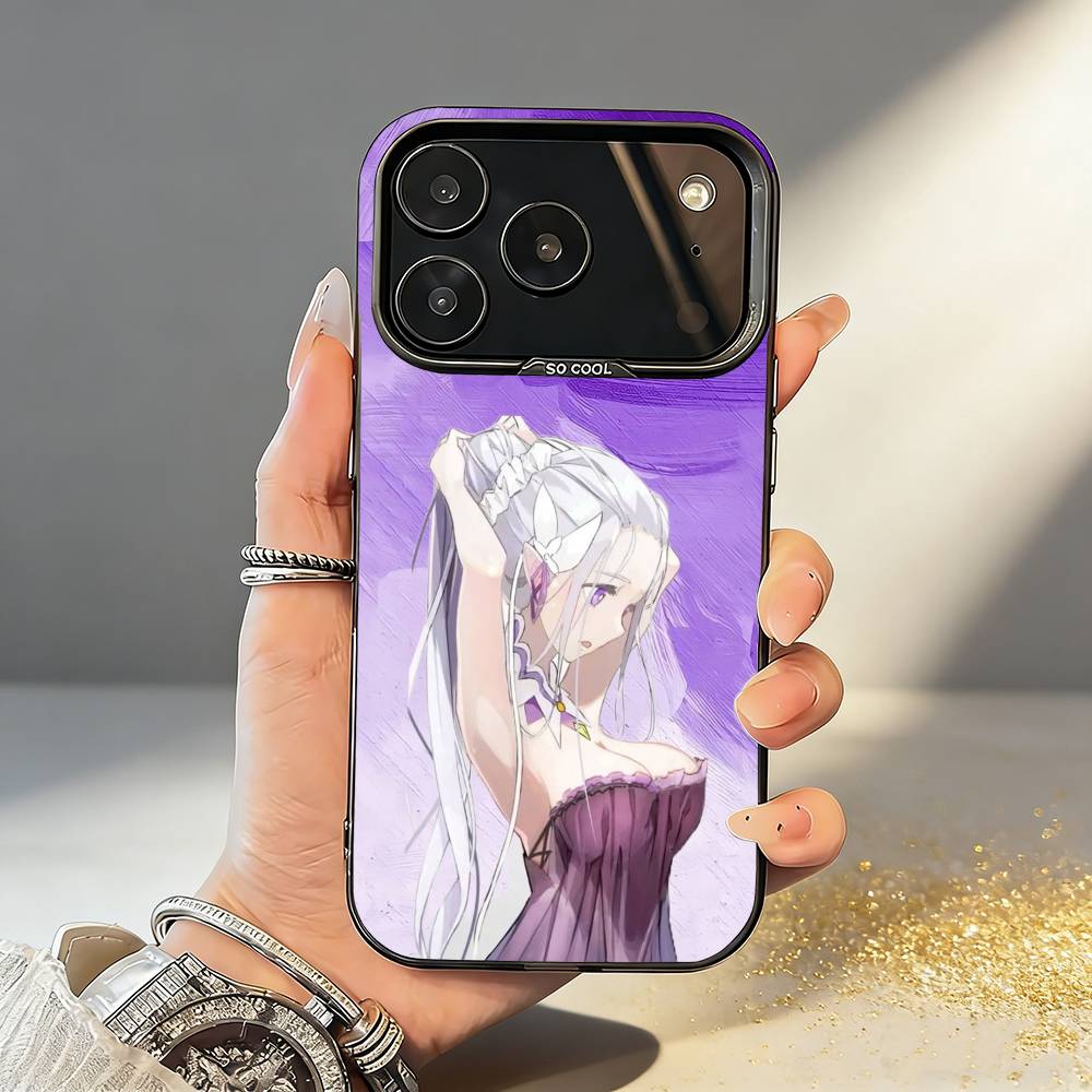 Чехол для телефона Re Zero Rem Emilia для iPhone17 16 15 14 13 12 Pro Max Серый Черный Матовый Лазерный Металлик Аврора Funda