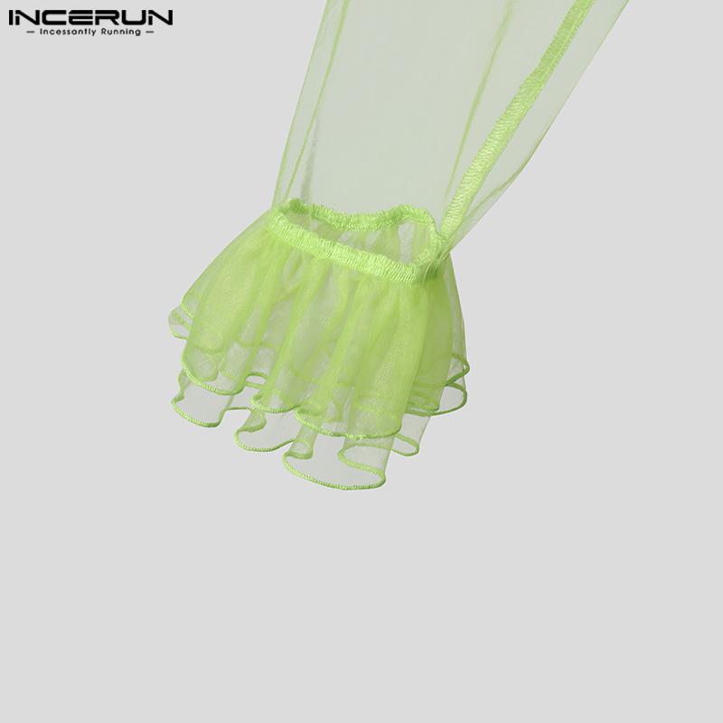 INCERUN Мужские футболки с длинным рукавом, оборками, нерегулярными слоями, сетка, клубная одежда для вечеринок, топы