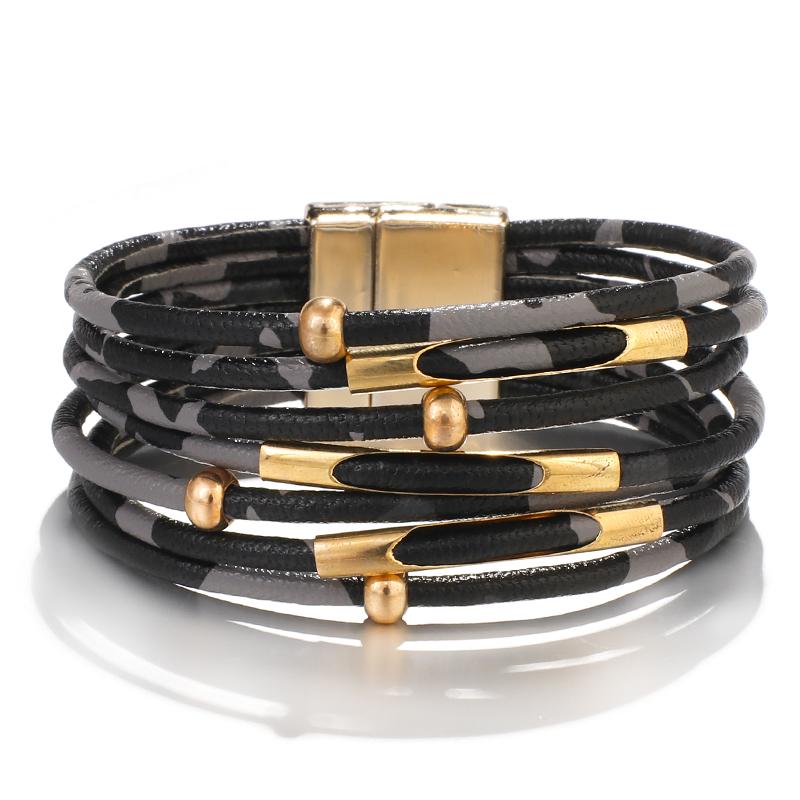 Vintage Metal Tube Leopard Leather Bracelet for Women Men Boho Multilayer Wrap Wide Bracelets & Bangles Charm Jewelry