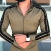 Long Sleeve Turn-down Collar Men Shirt Button Cuffs Side Striped Slim Office Shirt Leisure Clothing